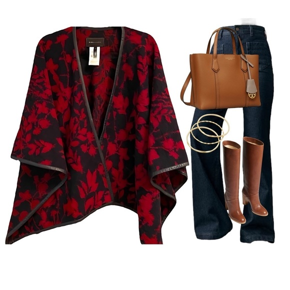 BCBGMAXAZRIA RUDY Ink Combo Collarless Open Front Asymmetric Wool Cape Wrap NEW - Picture 10 of 10